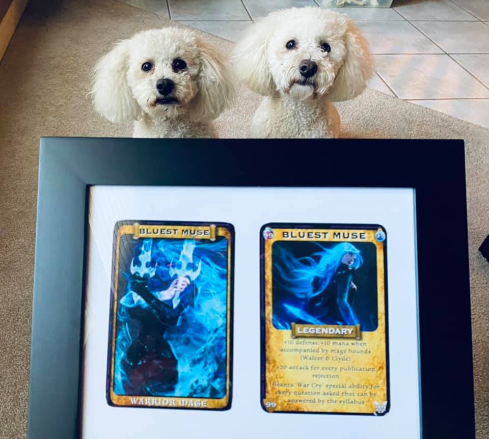 Framed gift of Bluest Muse Warrior Mage cards, with Mage Hounds Walter and Clyde looking on.