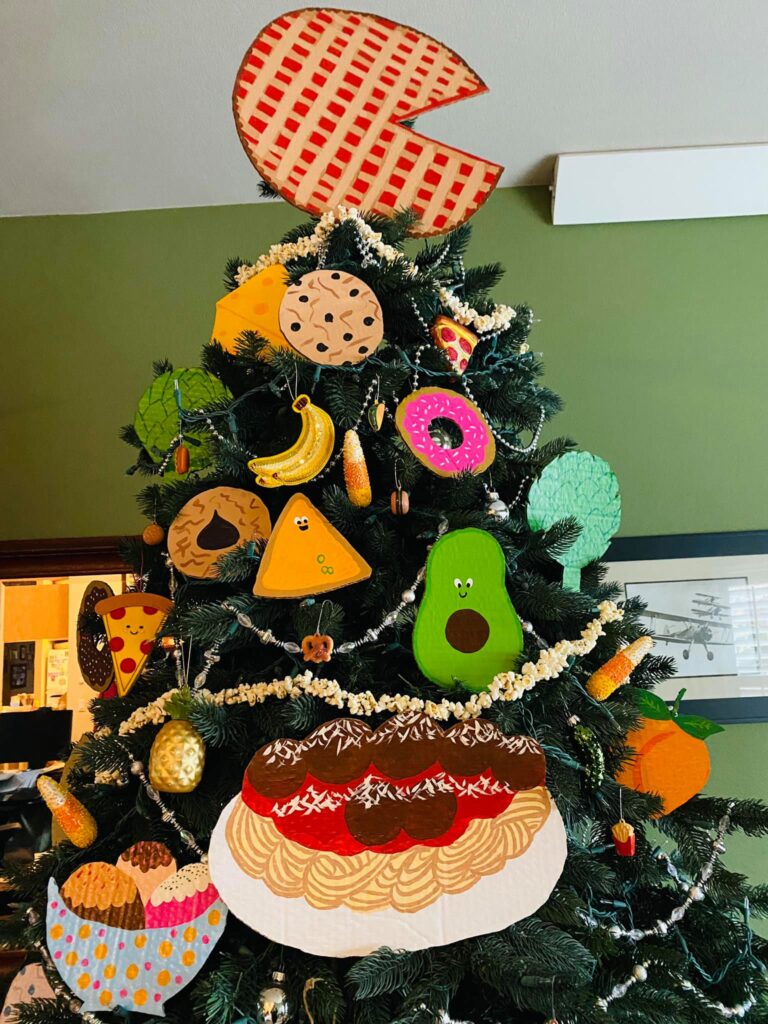 Christmas tree decorated with paintings of food