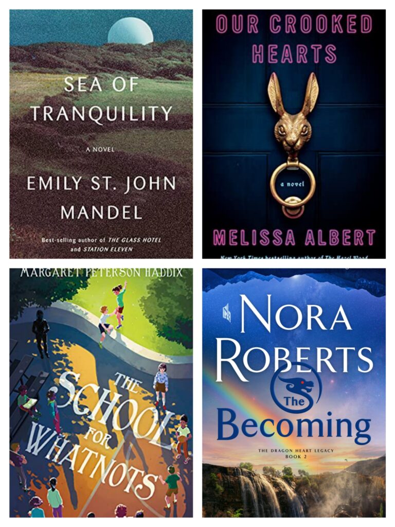 Collage of fantasy book covers including Sea of Tranquility by Emily St. John Mandel and Nora Roberts' The Becoming