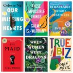 Collage of fiction book titles including Celeste Ng's Our Missing Hearts and Sara Novic's True Biz