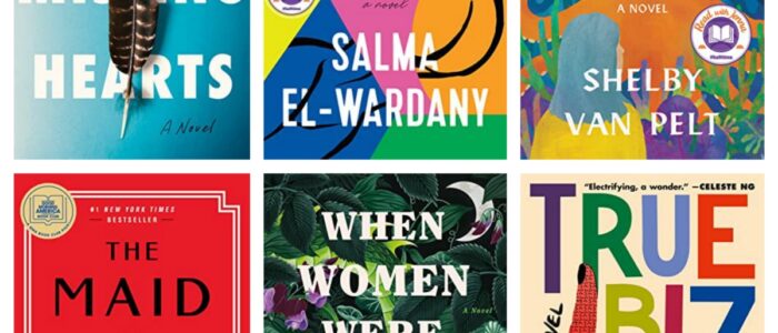 Collage of fiction book titles including Celeste Ng's Our Missing Hearts and Sara Novic's True Biz