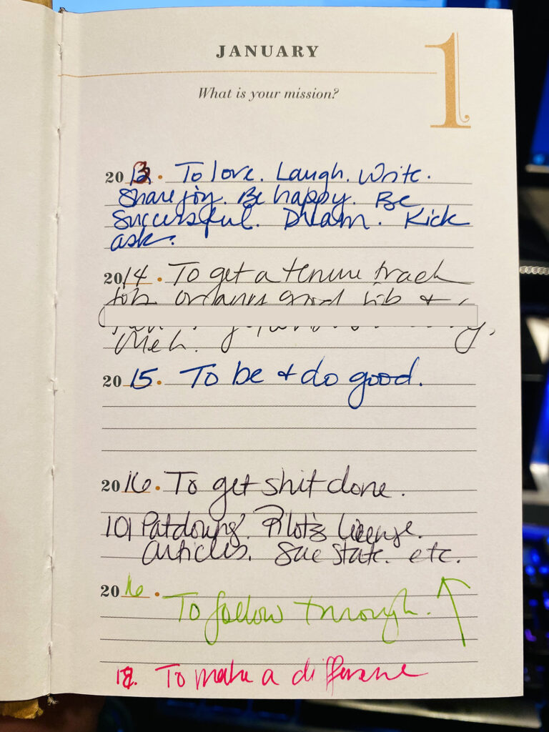 Page from a Q&A a day journal answering the question "What is your mission" from 2013 to 2017