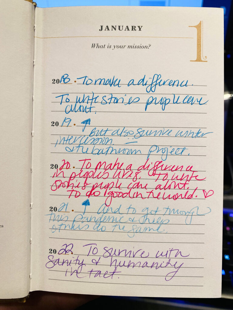 Page from a Q&A a day journal answering the question "What is your mission" from 2018 to 2022