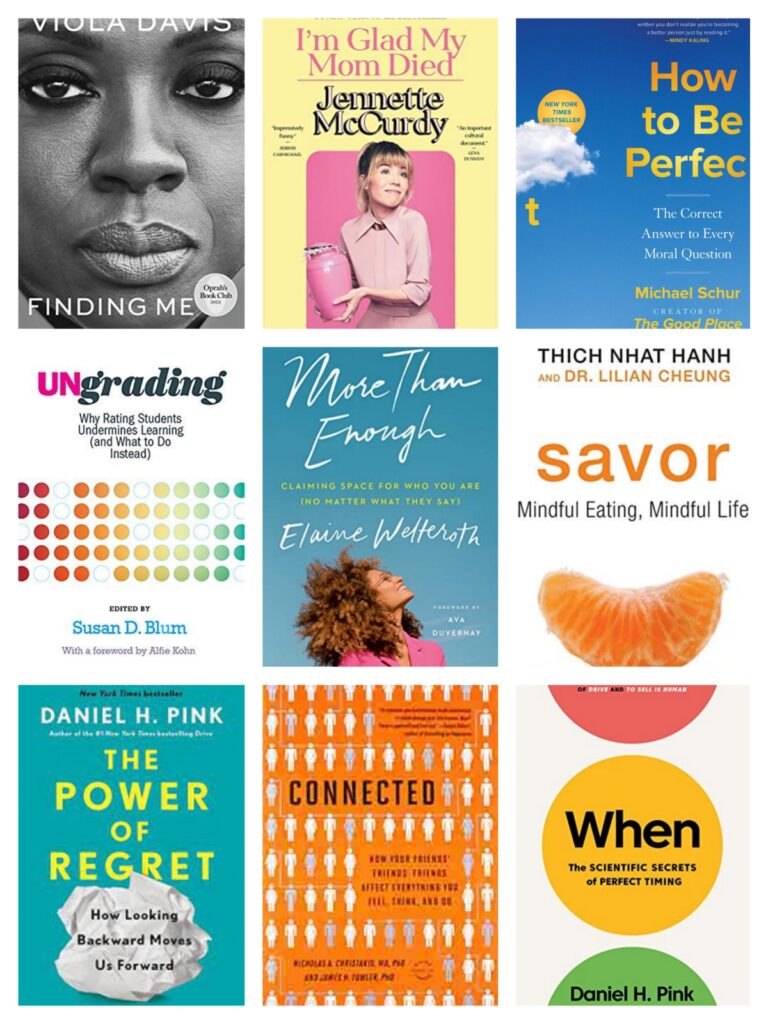 Collage of nonfiction book titles including Viola Davis's Finding Me, Jennette McCurdy's I'm Glad My Mom Died, and Elaine Welteroth's More than Enough